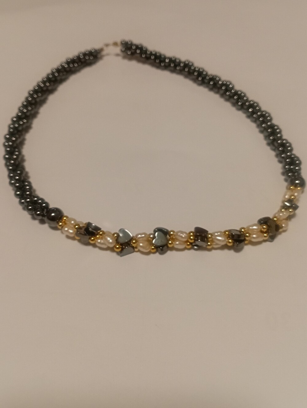 Elegant Black and Gold Pearl Beaded Glass Choker Necklace With Hearts